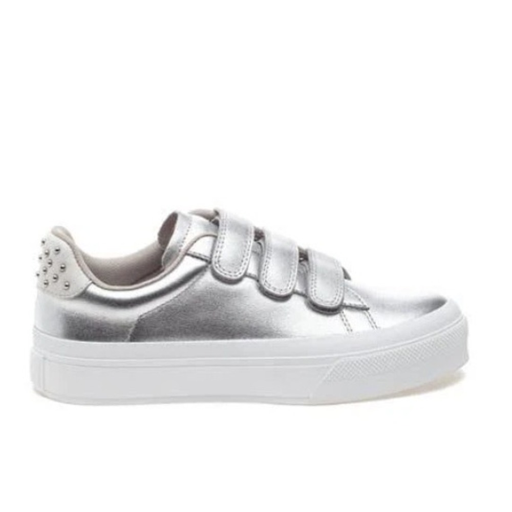 J/Slides NYC Silver Metallic Velcro Strap Studded Sneakers‎ Women's Size 6.5